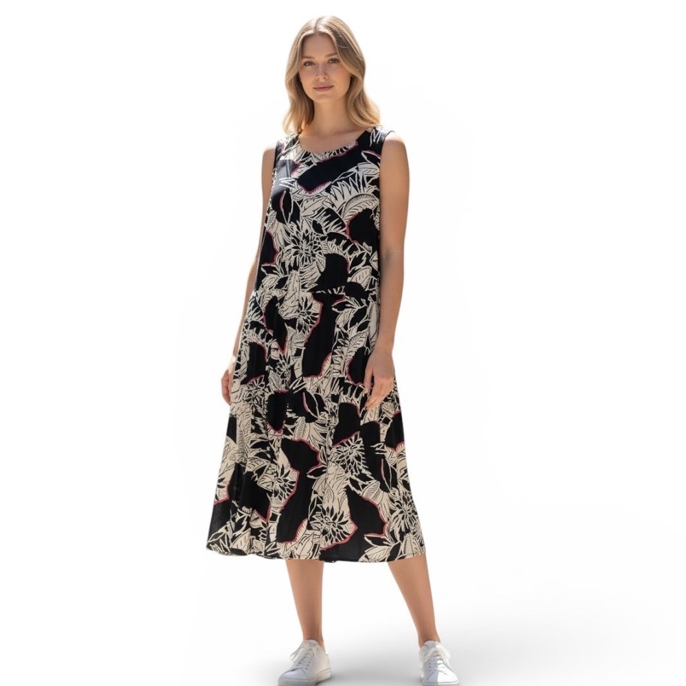 Vtg E.D. Michaels Melanie Drucker Tropical Floral Midi Dress Black Pink 15-16